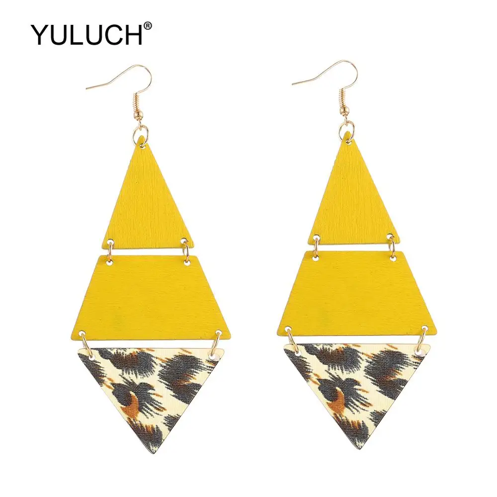 

YULUCH Long Fashion Drop Earrings Ethnic African Jewelry Indian Natural Triangle Yellow Wood Animal Fur Acrylic Pendant Earrings