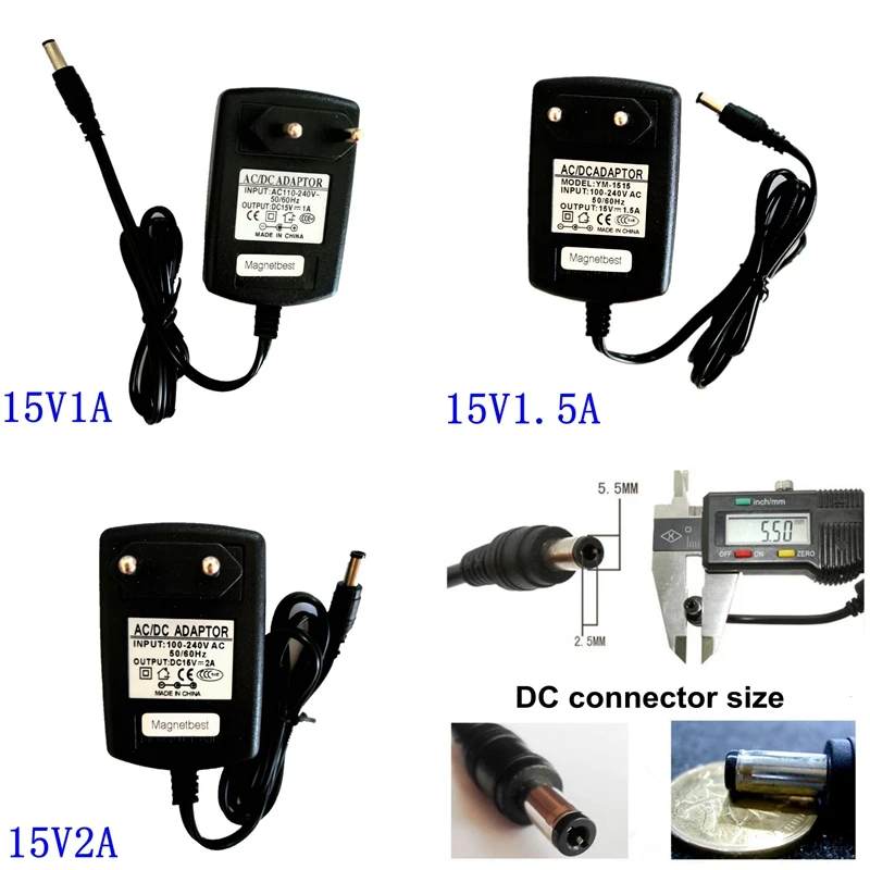 

15V AC DC Switching Adapter AC 100V-240V Converter To DC 15V 1A1.5A 2A Power Supply Charger EU US Plug DC 5.5mm x 2.5/2.1MM