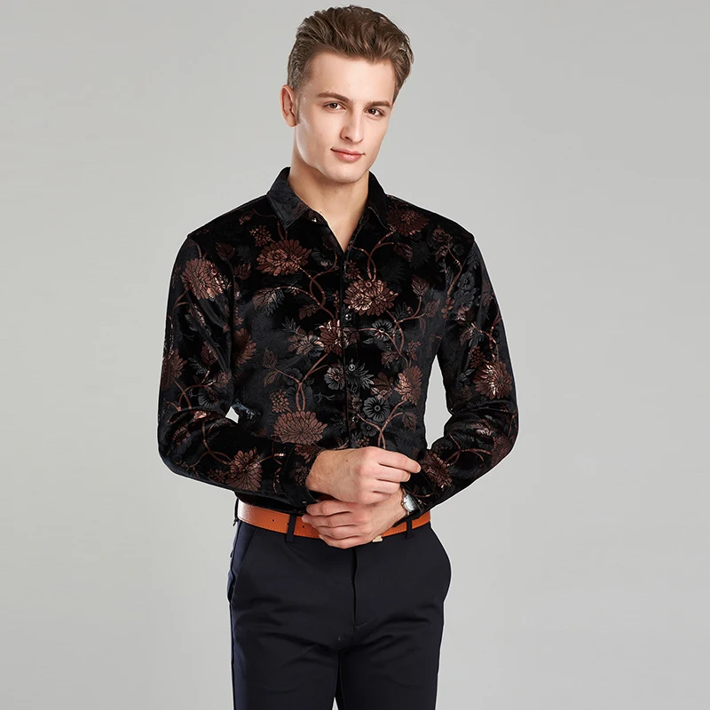 Мужская Вельветовая рубашка с длинным рукавом весна осень 2017|floral dress shirt|designer