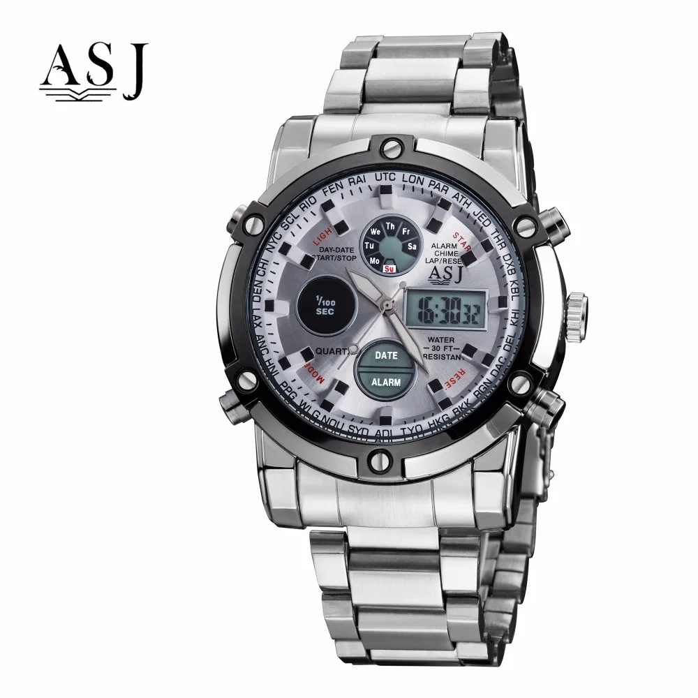 ASJ новый двойной дисплей Multi function QuartzElectronic стальные часы спортивные водостойкие