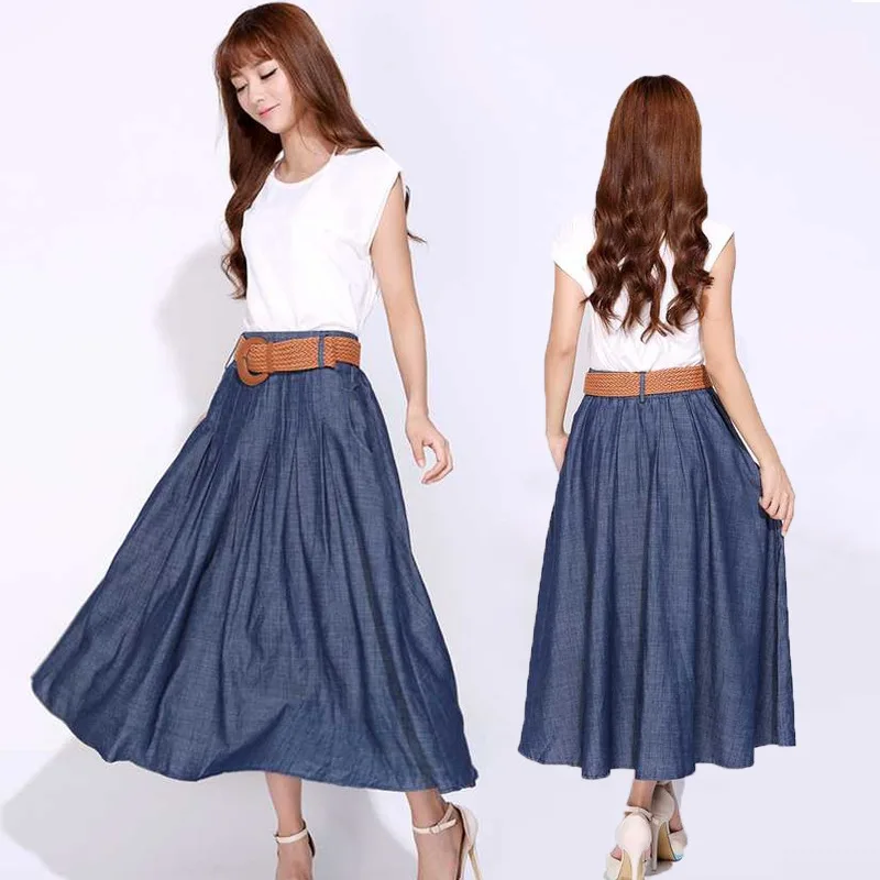 

S M L XL Wholesale Summer New Women High Quality Thin Loose long paragraph Denim Skirt Bust Models cotton denim Skirt Free Belt