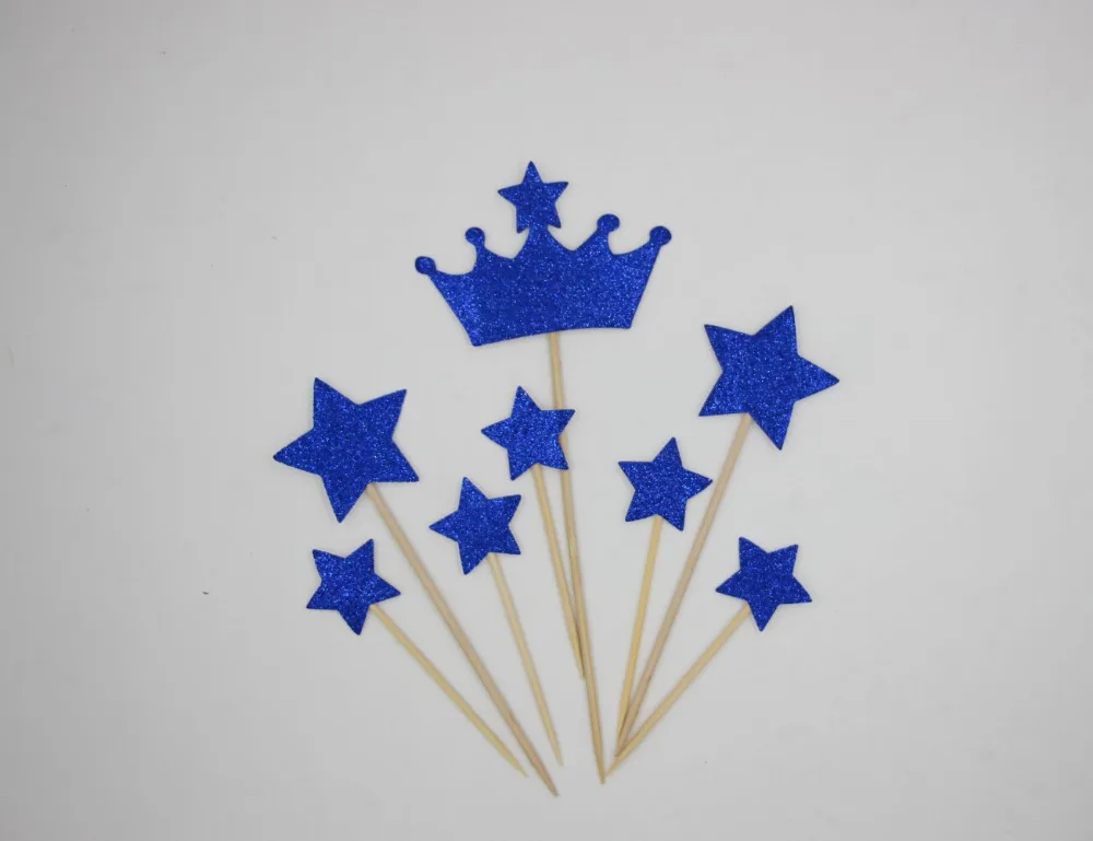 Royal Blue Star and Crown Cake Toppers Set Prince Crown Party Cupcake