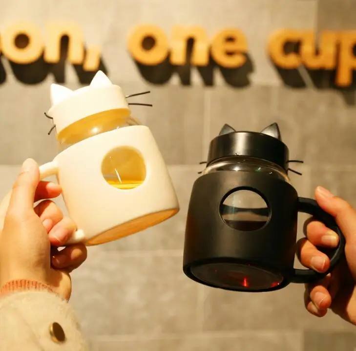 

New Creative Cartoon Cat Water Bottle Glass Silicone Bottle with Handle Coffee Mug Outdoor Portable Travel Bottle Gift for Kid