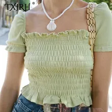 TXJRH Sweet Elastic Girdle Type Ruched Waist Shirt Square Neck Wood Ears Short Puff Sleeve Ruffle Hem Crop Blouse Tops 2 Color TXJRH Sweet Elastic Girdle Type Ruched Waist Shirt Square Neck Wood Ears Short Puff Sleeve Ruffle Hem Crop Blouse Tops 2 Color