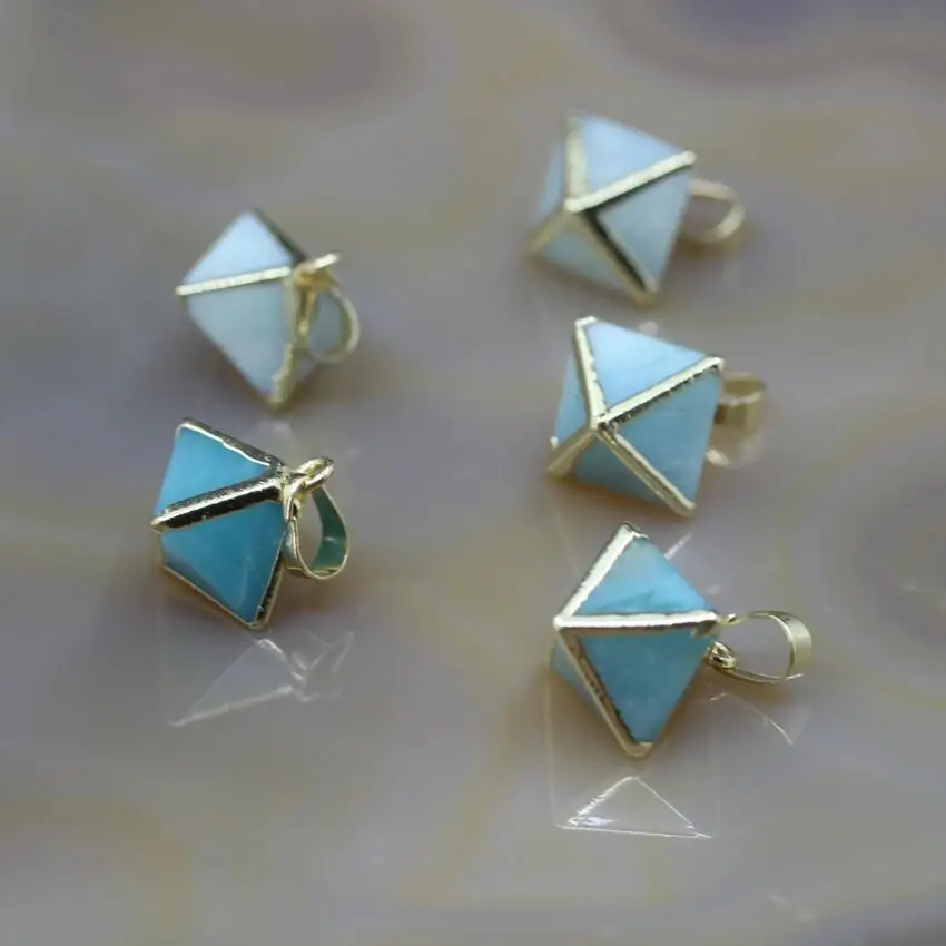 

5Pcs/lot,Amazonite Faceted Pyramid Nugget Charms,Natural Blue Stone Gem Cube Octahedron Shape Gold Edges Pendants,Jewelry Making