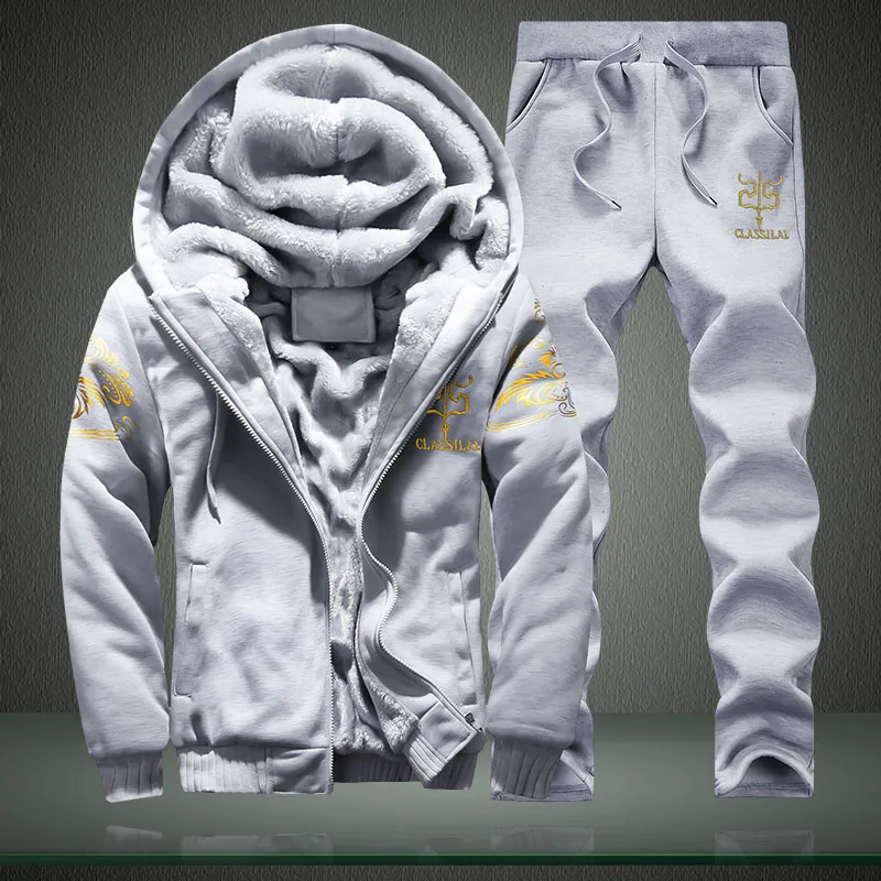 Зимний комплект из двух предметов, флисовый спортивный костюм для мужчин, Повседневный,, зимний теплый спортивный костюм для мужчин, брендовая одежда для отдыха, толстовка с капюшоном, комплекты - Цвет: D76 grey