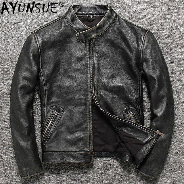 Men's Real Black Leather Jacket with Short Standing Collar