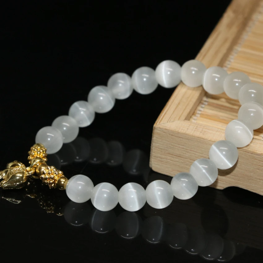 

High grade pretty white opal cat eyes fashion gold-color lovely pig pendant bracelets 8mm round beads diy jewelry 7.5inch B2171