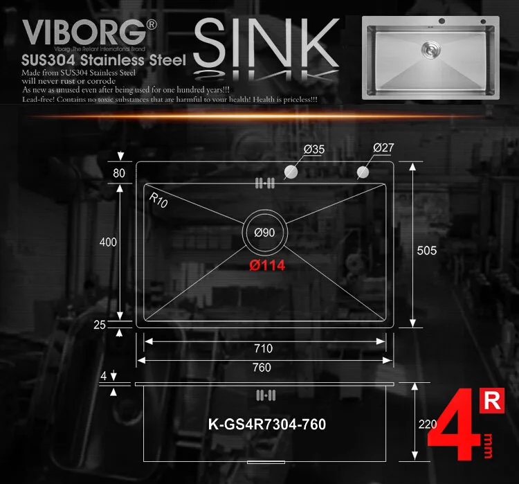 760x505x220 мм) VIBORG Делюкс ручная работа сверхтолстая 304 нержавеющая сталь Верхнее Крепление одна чаша кухонная раковина