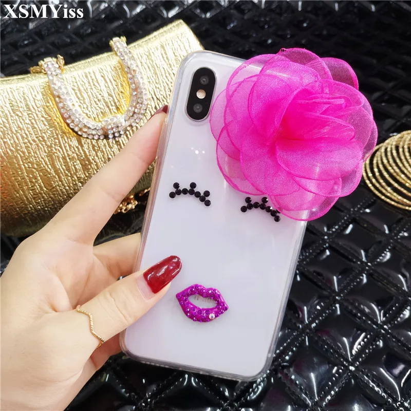 

XSMYiss Lovely girl Phone Case For iphone X XS MAX XR 6 7 8 PLUS Bling Rhinestone Diamond 3D flowers Soft Transparent Back cover