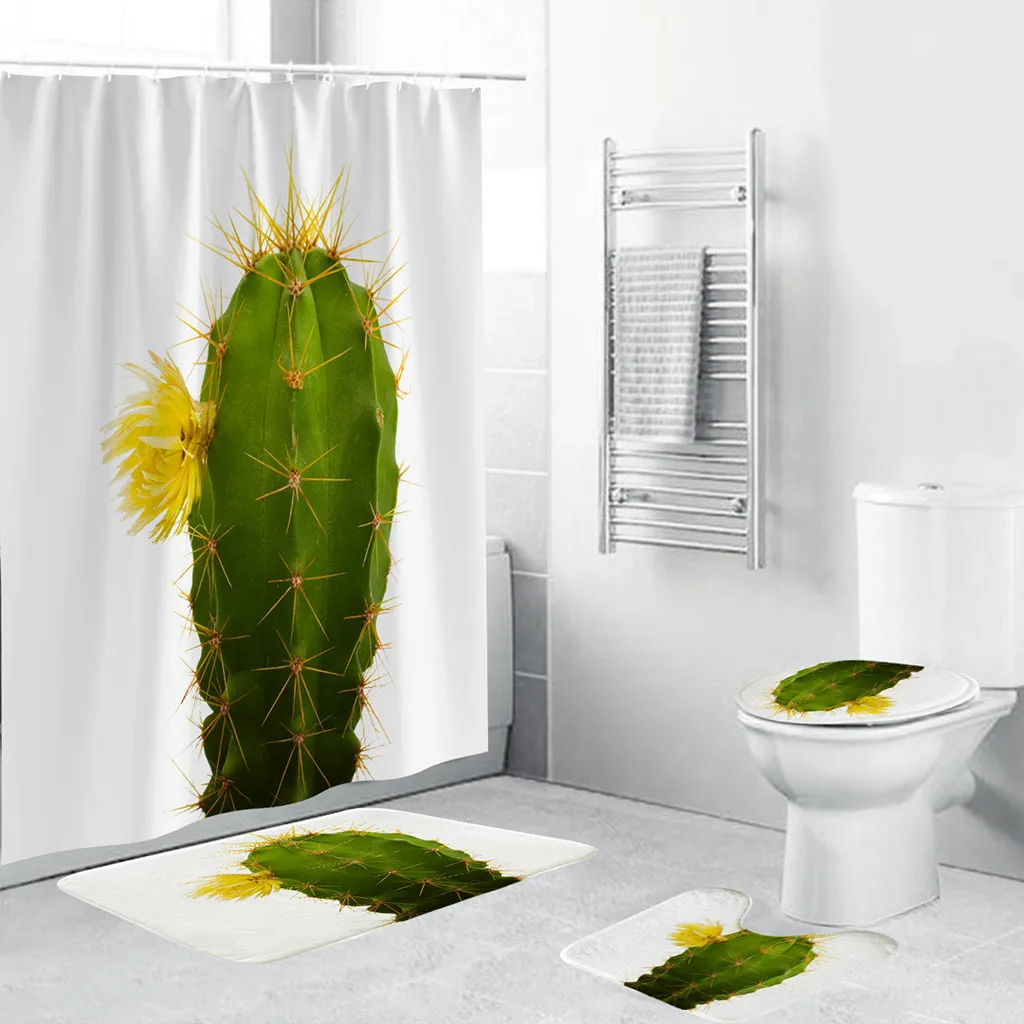 

2019 New 4PCS Print Waterproof Non Slip Toilet Polyester Cover Mat Set Bathroom Shower Curtain Home Decor Drop Shipping