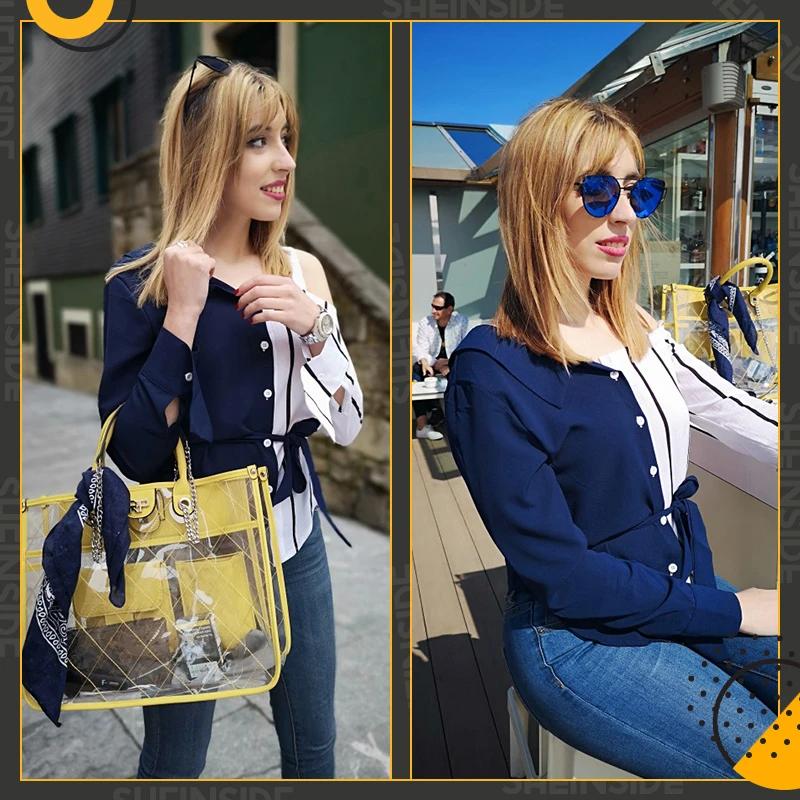 Sheinside темно-синяя полосатая блузка с открытыми плечами, рубашка с длинным рукавом, женские топы, модные Асимметричные женские блузки с поясом на шее