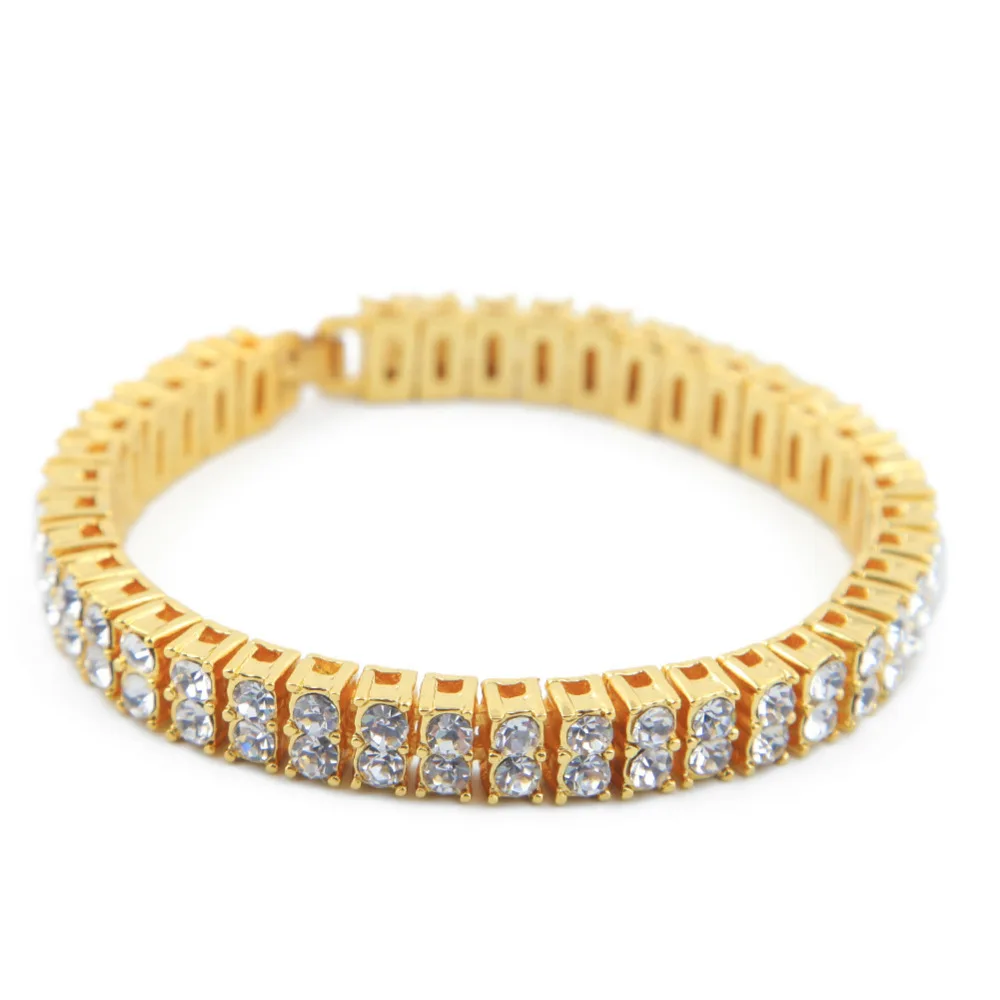 Мужские золотые браслеты в стиле хип-хоп, 2 ряда, длина 20,5 см, цепочка и звенья, шикарный браслет, Женские Ювелирные изделия, Прямая поставка