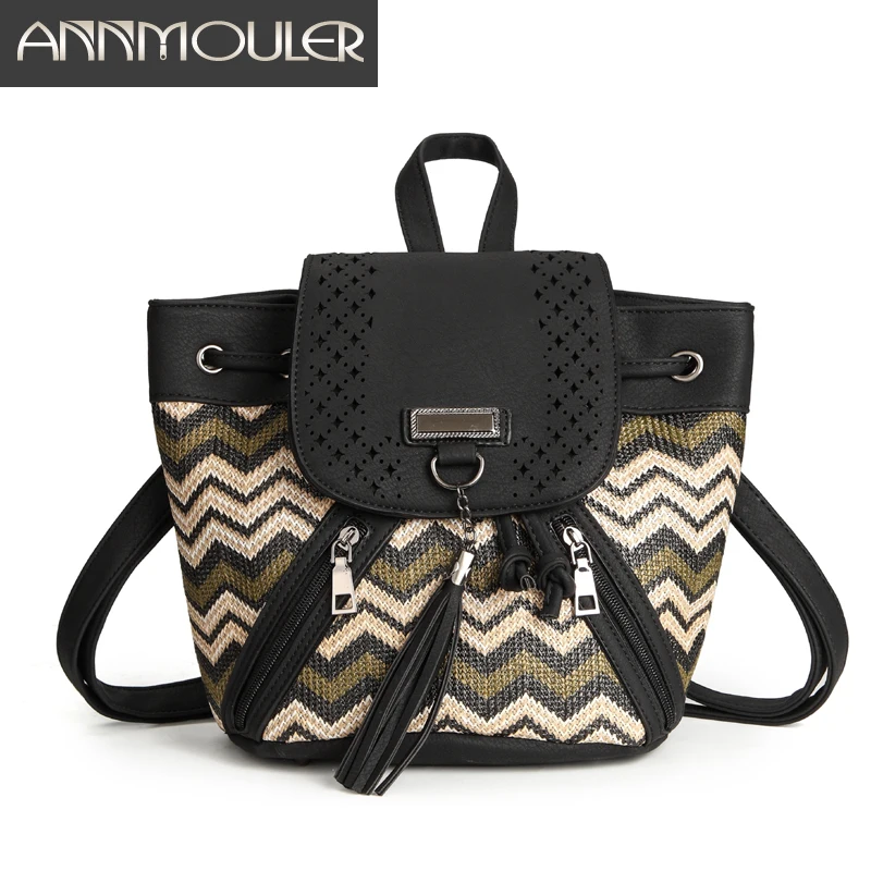 Annmouler Brand Women Shoulder Bag Bohemian Style Small Backpack Pu Leather Daypack 3 Color Black Tassel Rucksack Strip Bag 