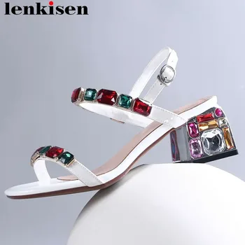 

Lenkisen 2019 cow leather buckle strap large size women sandals peep square toe slingback colorful crystals decoration shoes L30