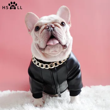 

HSWLL Autumn and winter dog clothes puppy models plus velvet zipper stretch PU leather jacket French Bulldog