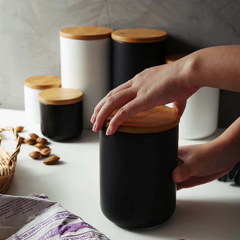 

Exquisite Ceramic Storage Jar with Wood Lid Kitchen Food Coffee Tea Container Seasoning Sealed Storage Bottles A Variety of Size