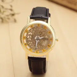 Мода скелет часы Для мужчин гравировка полые Reloj Hombre платье кварцевые наручные часы кожаный ремешок Для женщин часы Relojes Mujer