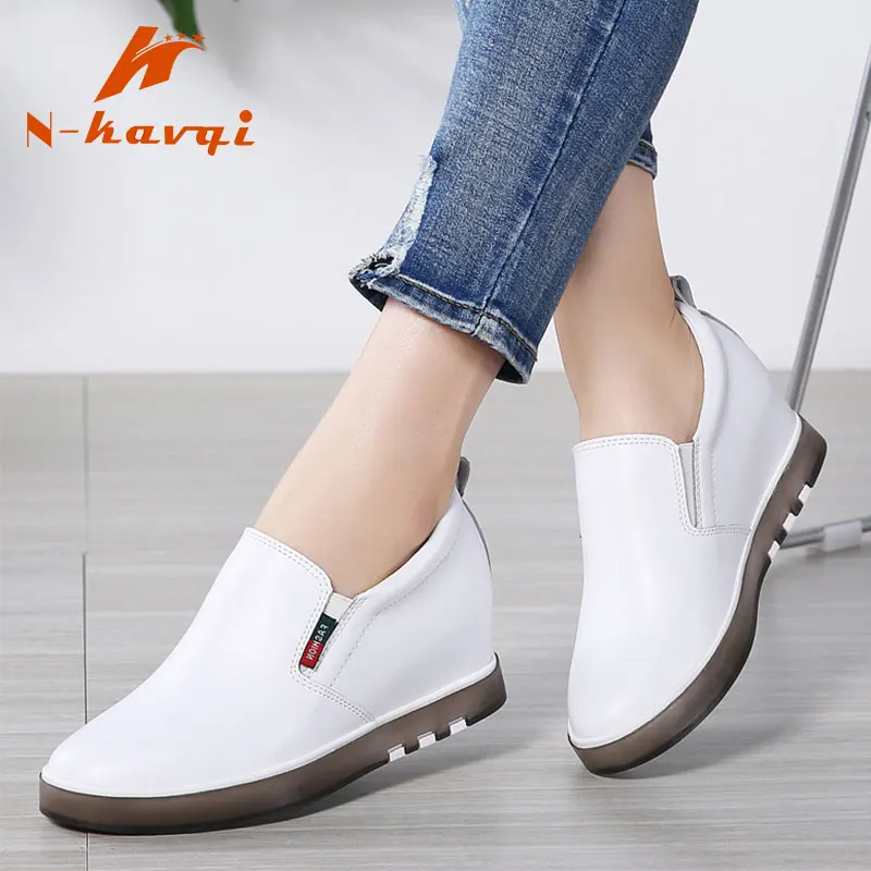 

NKAVQI Women Quality Leather Casual Black/White Sneakers Shoes High Heel Leisure Platform Shoes Women Height Increasing Shoes