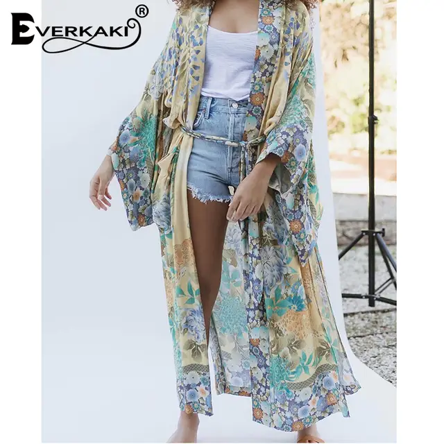Us 2037 38 Offeverkaki Gypsy Print Kimono Coat Women Bohemian Loose Waist Belt Tied Beach Boho Kimono Coats Female 2019 Summer Autumn New In