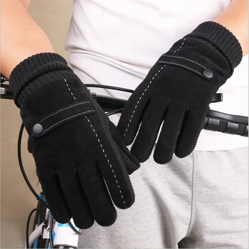 Men Autumn Winter Leather Gloves Double Warm Windproof Outdoor Sport