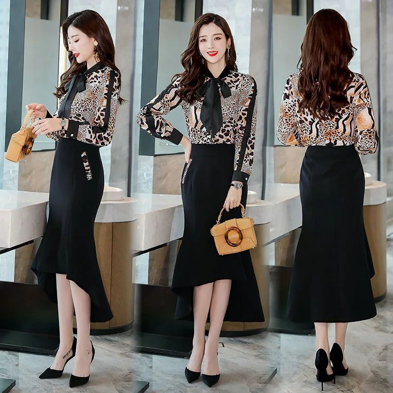 

Fashionable Leopard Shirt Slim Fit Skirt Set 2019 New Spring Dress