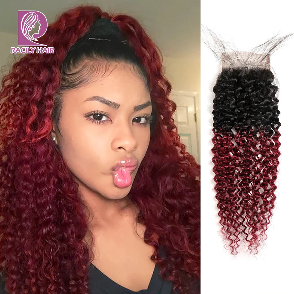 

Racily Hair T1B/Burgundy Ombre Brazilian Kinky Curly Hair Remy Human Hair Lace Closure 99J Red 4x4 Lace Closure With Baby Hair