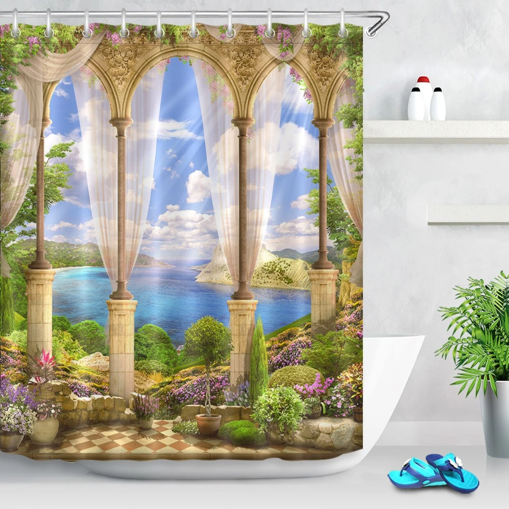 Scenery Shower Curtain, Open Window Panoramic View To Famous Huge
