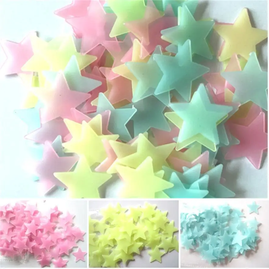 

% 100 pcs/lot 3D stars glow in the dark Luminous on Wall Stickers for Kids Room living room Wall Decal Home Decoration poster