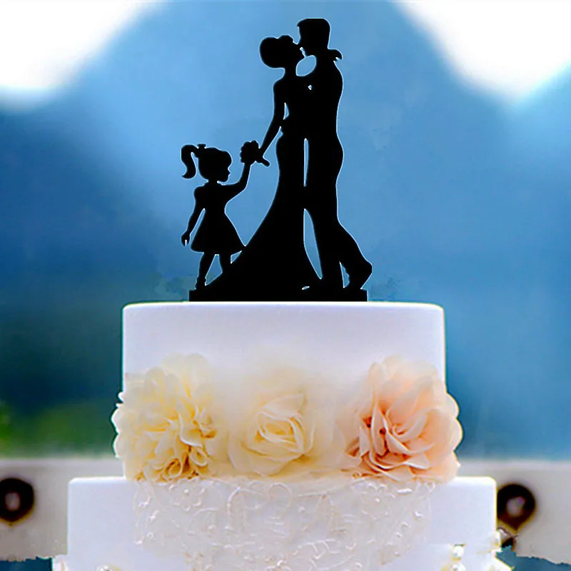 Family Bride Groom & Child Acrylic Wedding Day Cake Topper Silhouette 