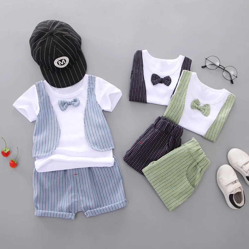 Комплекты одежды для маленьких мальчиков Одежда для новорожденных жилет в полоску Футболка с бантом и шорты Комплект из 2 предметов, Прямая поставка
