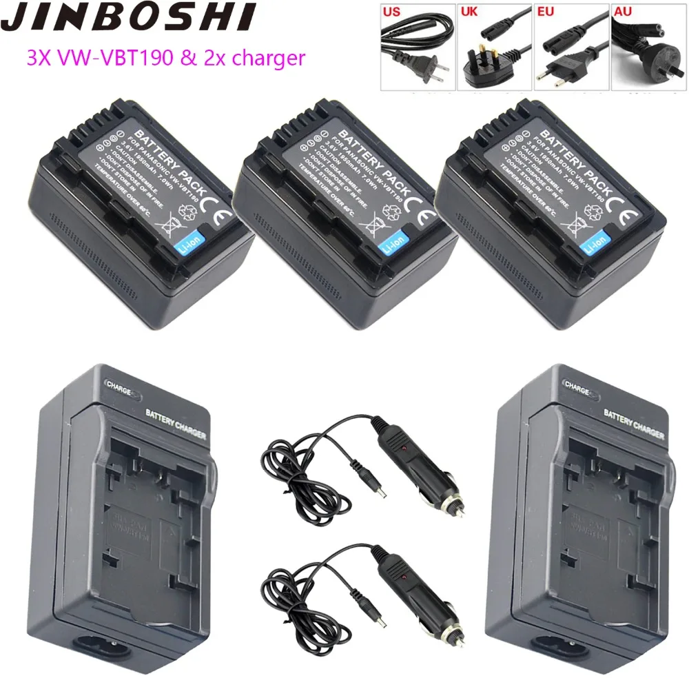 

JINBOSHI 3Pc 1950mAh VW-VBT190 VBT190 Battery+ 2x Charger for Panasonic HC-V720,HC-V727,HC-V730,HC-V750,HC-V757,HC-V760,HC-V770