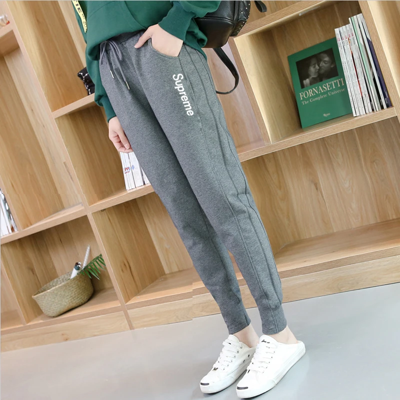 

Spring and autumn thin women's sweatpants 2019 new fashion loose printed letters black gray plus velvet harem pants casual