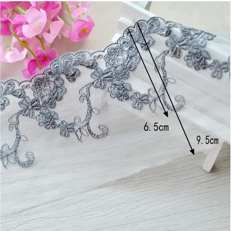

3M/lot 9.5cm Width Gray Embroid Sewing Ribbon Guipure Lace Trim or Fabric Warp Knitting DIY Garment Accessories Free Shipping