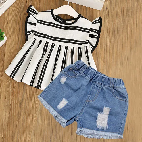 stripe tops+denim shorts summer clothes set for kid girls children outfits 2019 kids clothing 2-6 years