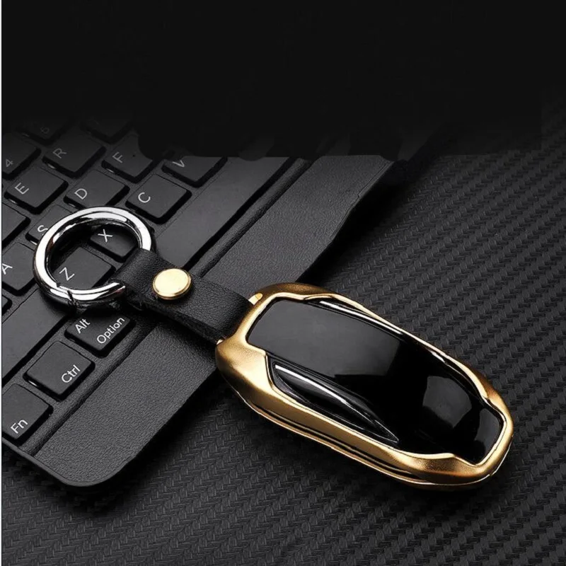 

New Alloy+Leather Car Key Case Bag Auto Key Protective Cover Skin Key Shell Car Styling Accessories For Tesla Model X