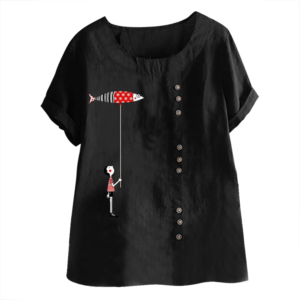 Feitong/футболка большого размера, Женская Повседневная футболка с короткими рукавами и принтом, хлопковая льняная футболка с круглым вырезом и принтом Camiseta Mujer, новинка - Цвет: Black