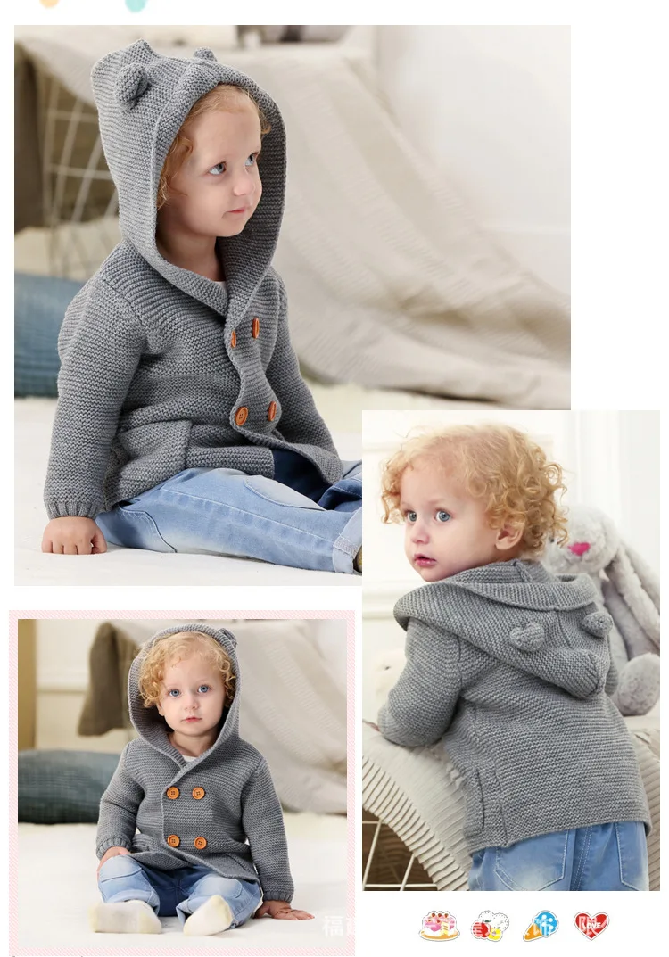 Winter Warm Newborn Baby coat Fur Hood Detachable Grey Infant Boys Girl Knitted Cardigan Fall Outwear Children Knitwear sweater