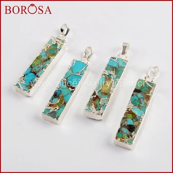 

BOROSA 5/10PCS Silver Color Rectangle Copper Turquoises Pendant Beads Natural Blue Stone Jewelry For Necklace Jewelry S1649
