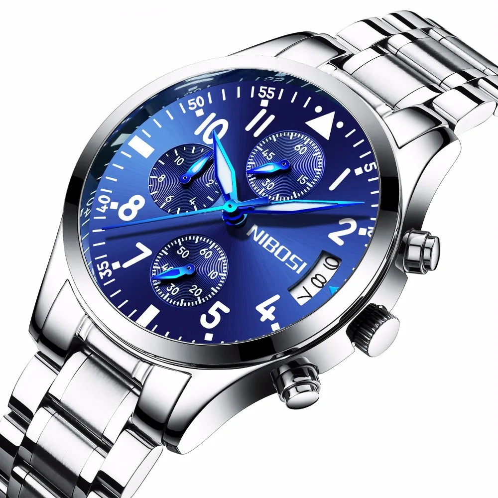 

NIBOSI 2018 Watches Men's Waterproof Quartz Watch Stainless Steel Band Watches For Men Navy Blue Watches