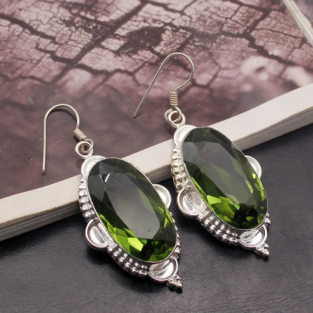

Glowing Unique Green Peridot 925 Sterling Silver Ladies Dangle Earrings 2 1/4 Inch TF526 Free Shipping