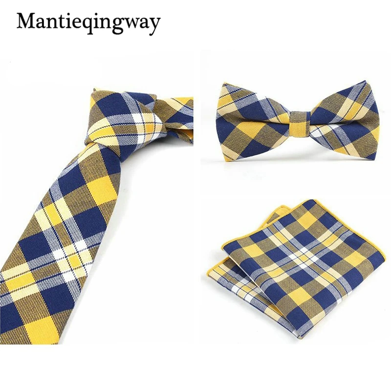 Mantieqingway Модный хлопковый галстук с рисунком «Шотландка»+ галстук-бабочка+ Карманный квадратный комплект для мужчин свадебные галстуки для мужчин костюмы Gravats Corbatas Neckwear