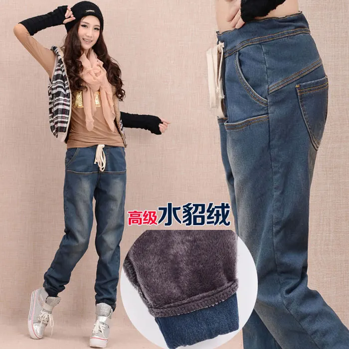 Зимние вельветовые Теплые джинсы-шаровары, Модные женские свободные джинсы с эластичной резинкой на талии большого размера плюс 26-34 H410 - Цвет: Photo Color