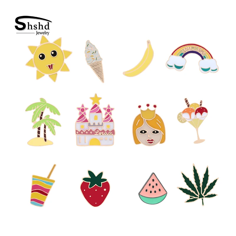 

Lovely Girl Cartoon Rainbow Castle Ice Cream Brooch Coconut Tree Fruits Strawberry Banana Enamel Pins Buckle Badge Women Jewelry