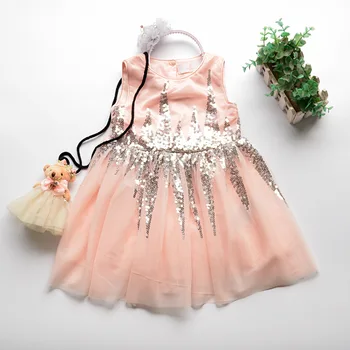 

wholesale 2019new girls dress Sequined dress cute Sweet sleeveless Summer Solid mesh O-necked Dress 3-8Y kid clothes Vestidos