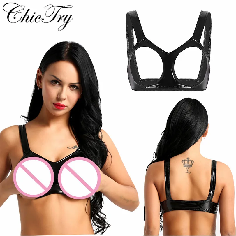 

Newest Fashion Sexy Womens Lingerie Wetlook Faux Leather Sleeveless Open Cups Bra Underwear Vest Tank Crop Tops for Nightwear