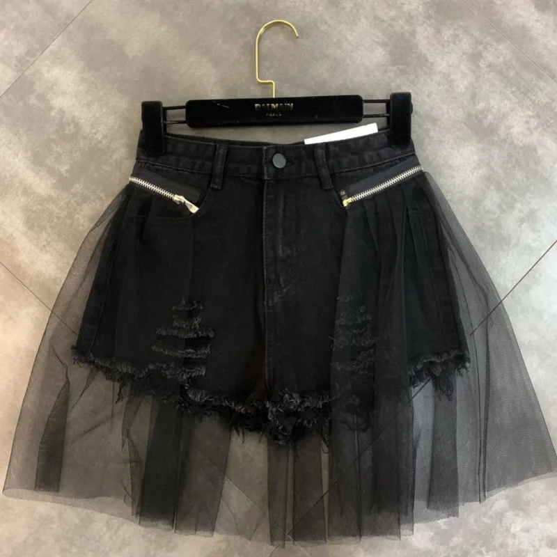 

[EWQ] Splicing Yarn Hole Detachable Two Wear Trend Denim Shorts Bag Hip Sexy Female Skirt Fashion Women 2019 Summer New QK149