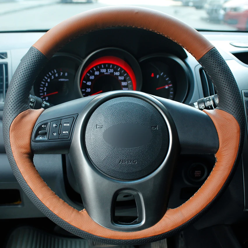 Brown Natural Leather Black Natural Leather Car Steering Wheel Cover