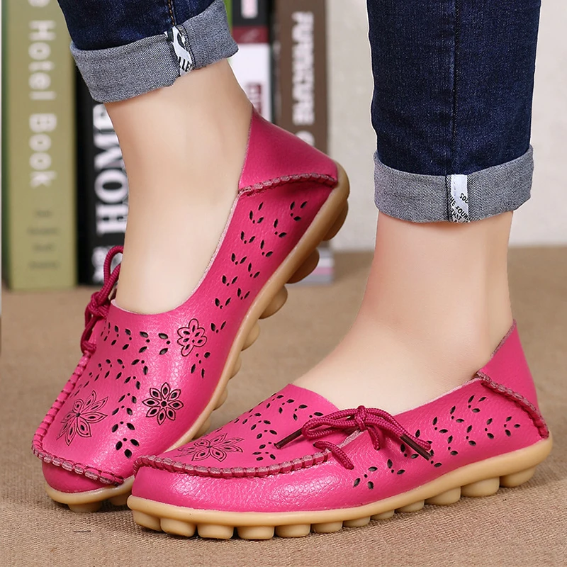 Big size 34-44 spring women flats shoes women genuine leather flats ladies shoes female cutout slip on ballet flat loafers - Цвет: Rose red