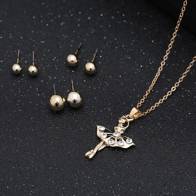 

TDQUEEN Jewelry Sets For Women Ballet Dancing Girl Cute Pendants Gift Collar Golden Metal Chain New Necklace Ball Stud Earrings